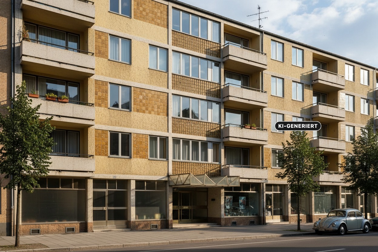 Ein fünfstöckiges Wohn- und Geschäftshaus mit gelber Fassade, Balkonen und kleinen Bäumen im Gehwegbereich, vor dem ein grauer VW Käfer parkt. (KI-generiert)
