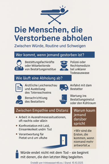 Information über den Prozess der Abholung verstorbener Personen und damit verbundene Dienstleistungen.