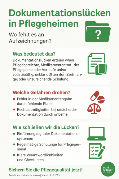 Infografik zu Dokumentationslücken in Pflegeheimen mit Fragen und Hinweisen.