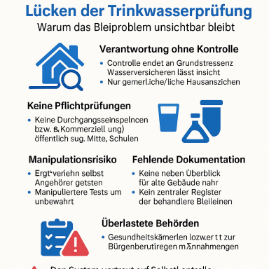 Grafik zu Lücken in der Trinkwasserprüfung mit Schlüsselpunkten zur Problematik.