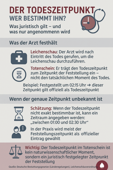 Infografik über den Todeszeitpunkt, inklusive rechtlicher Aspekte und Definitionen.