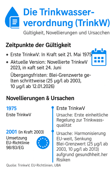 Informationsgrafik zur Trinkwasserverordnung mit Gültigkeitsdaten und Änderungen.