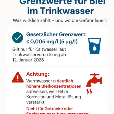 Hinweis zu Grenzwerten für Blei im Trinkwasser, einschließlich gesetzlicher Vorgaben und Warnungen.